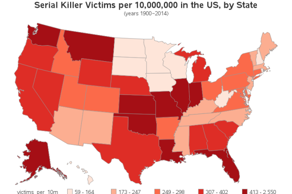 Michigan, Illinois, and Ohio rank among the top ten states with the most victims of serial killers