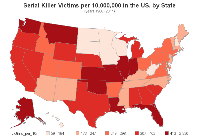 Michigan, Illinois, and Ohio rank among the top ten states with the most victims of serial killers